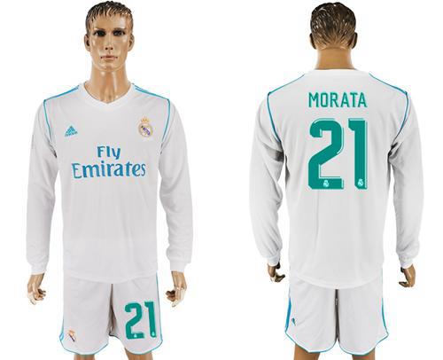 Real Madrid #21 Morata White Home Long Sleeves Soccer Club Jersey - Click Image to Close